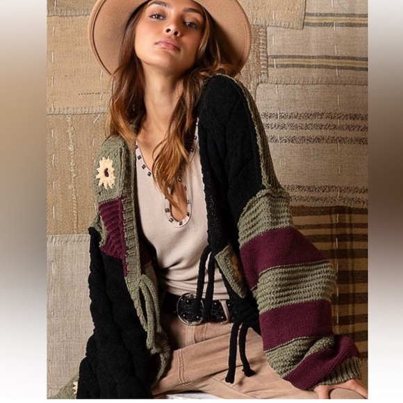POL Color Block Floral Striped Waist Tie Loop Cardigan, medium oversized - Picture 2 of 12